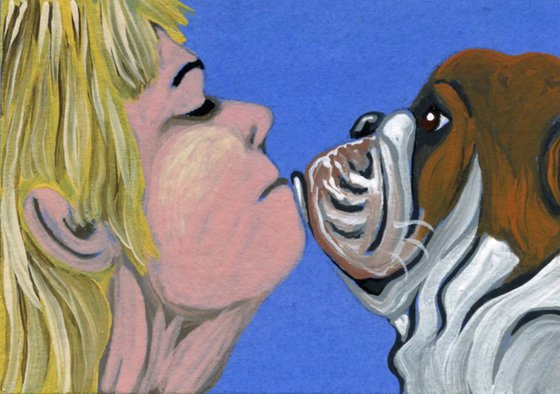 ACEO ATC Original Miniature Painting English Bulldog Pet Dog Human Love Art-Carla Smale