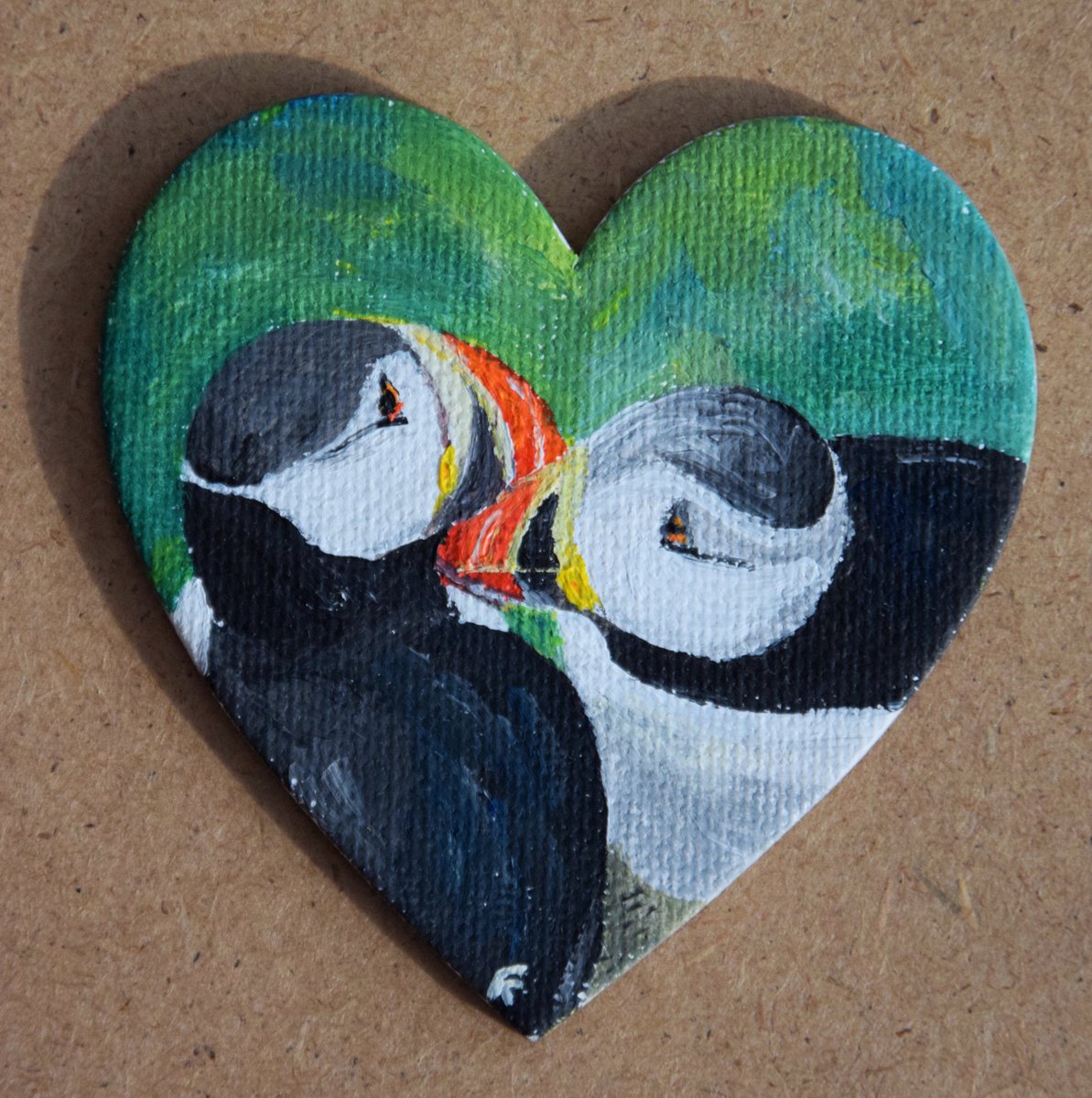 Puffins painting, heart magnet fridge, original acrylic painting, romantic gift by Kate Grishakova