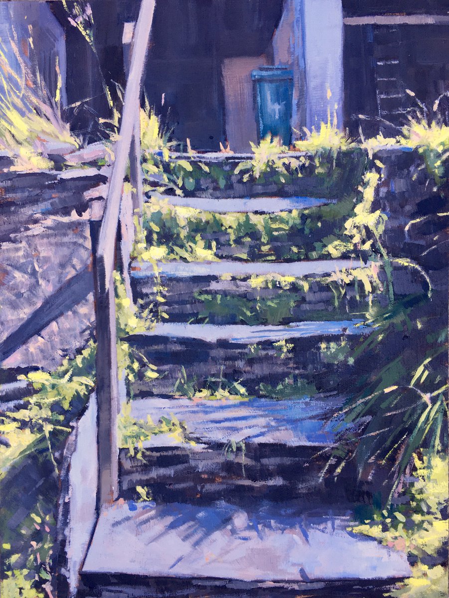 Impressionistic Cityscapes Oil Painting By Louise Gillard, 9 X 12", Steps From The Cornish Cottage, Original Artwork