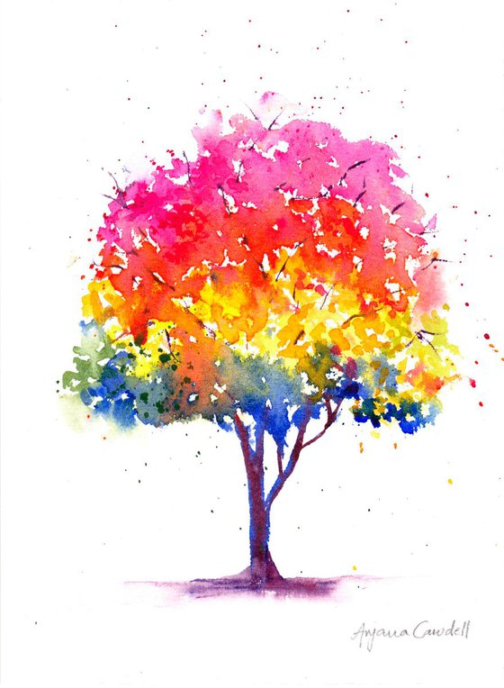 Rainbow Tree Autumn - Original Watercolour Painting, Contemporary Autumn Landscape, Loose watercolor, vibrant cheerful art