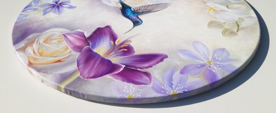 "Mysterious garden", flowers and bird painting
