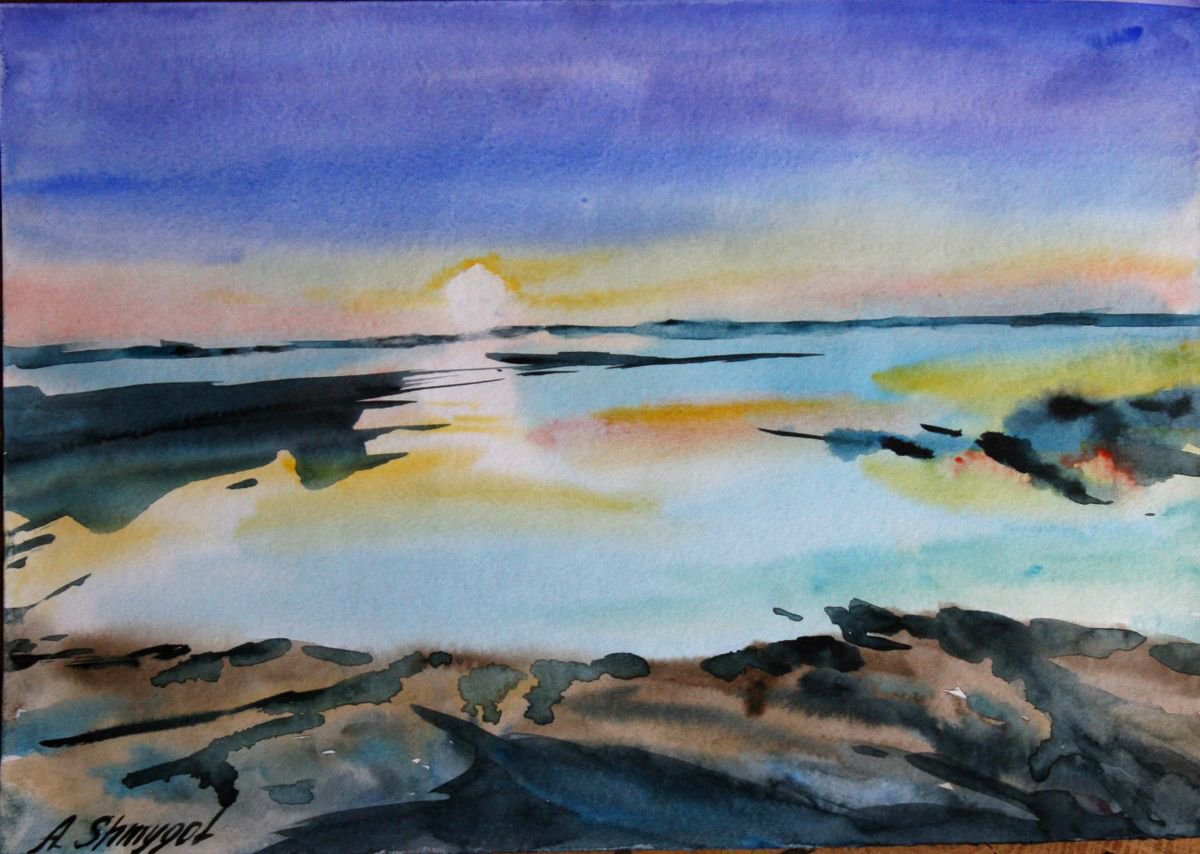 Original watercolor, hand painting, Sunset on the firth, abstract coastal landscape, seasc... by Alina Shmygol