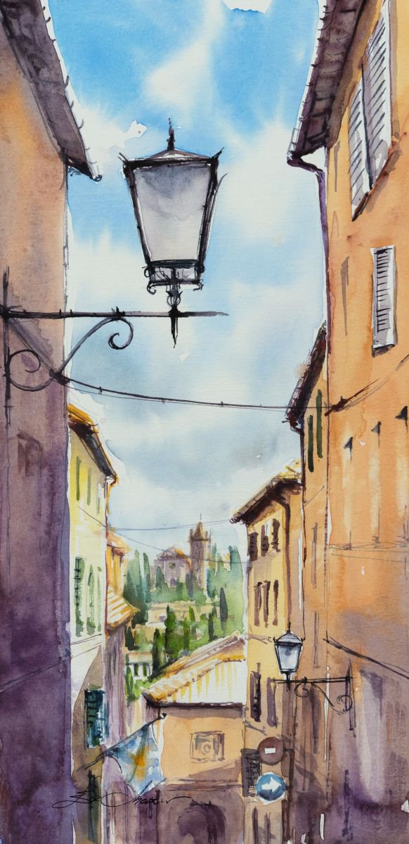 Impressionistic Cityscapes Watercolour By Eve Mazur, 8 X 16, Siena, Italy, Original Artwork