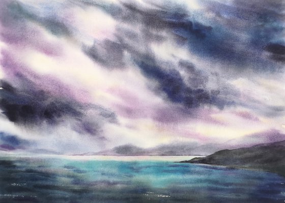 Impressionist sea and sky, landscape watercolor painting