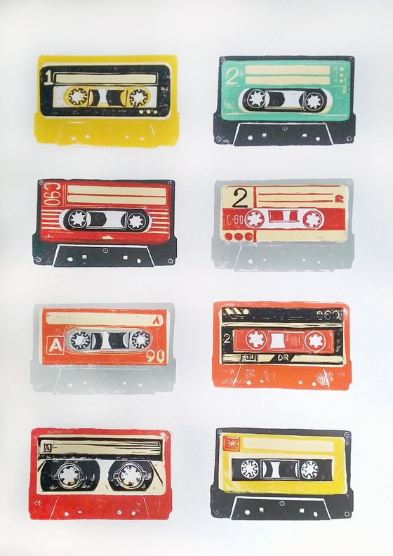 Linocut tapes #45 (cassette tapes, retro music, 70's, 80's rock culture)