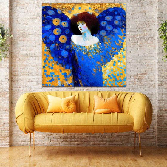 Angel. Large format 100 x 100 cm Original golden blue wall art on canvas. Original artwork for home decor