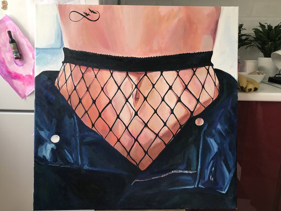 CAGE - painting on canvas woman body nude tights blue jeans freedom infinity home interior office art feminism erotic art