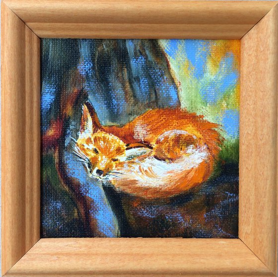 Sleeping fox oil painting - Animal original small canvas - Tiny framed artwork (2021)