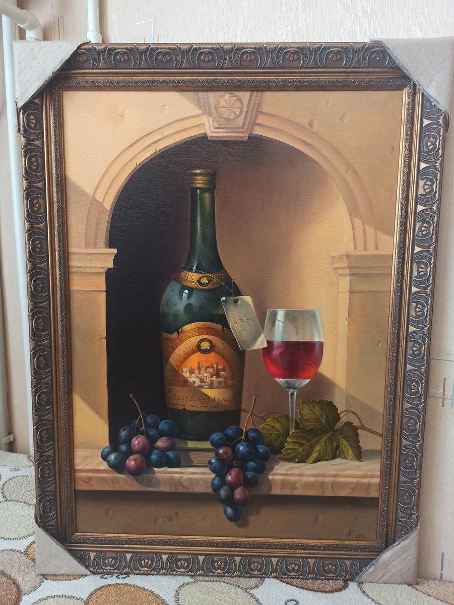 Still life with cup of cognac  (50x70cm, oil painting, ready to hang)
