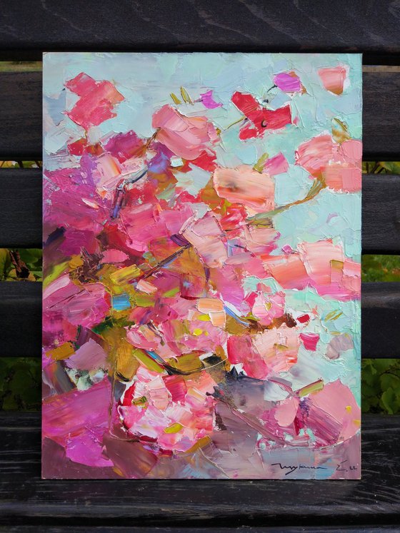 Moments of beauty. Sakura . Blossoming branches on a turquoise Original oil painting