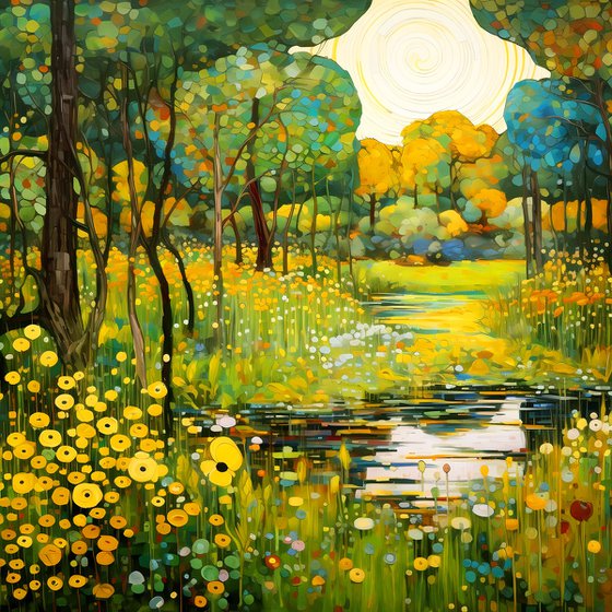 Warm green forest, yellow white flowers and pond with light reflections and bright sunbeams in Klimt style. Hanging large positive relax colorful wall art for home decor