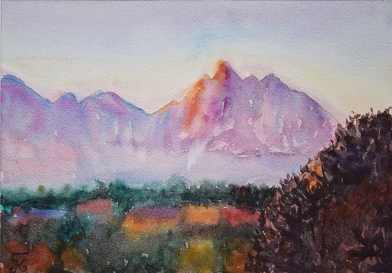 Mountains Painting, Fall Landscape Watercolor Painting, Slovak original wall art