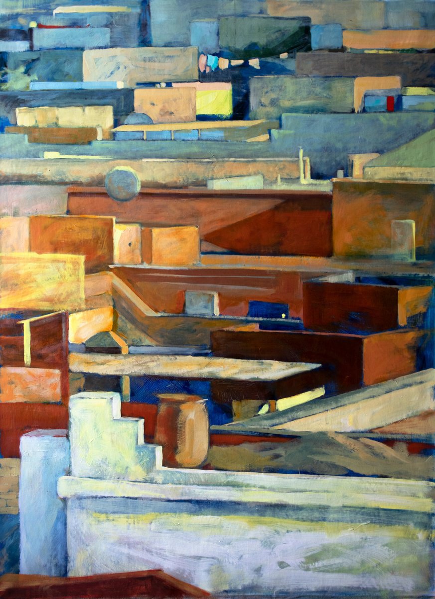 Geometric Cityscapes Oil Painting By Ana Kajaia, 45 X 62, Places We See, Original Artwork