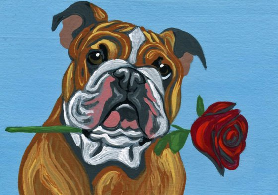 ACEO ATC Original Painting Valentine English Bulldog Pet Dog Art-Carla Smale