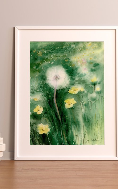 Watercolor dandelion field by Olga Koelsch