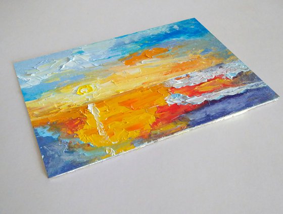 Abstract Seascape Original Art Sunset Oil Painting Coastal Artwork Small Wall Art