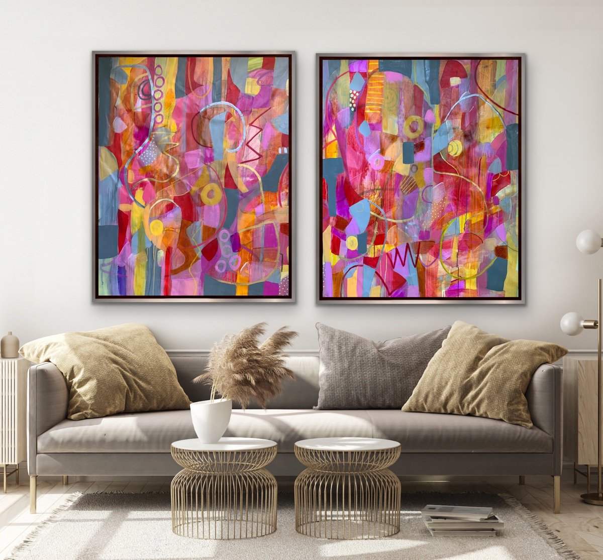 Organic Abstract Acrylic Painting By Rashna Hackett, 36 X 43", Dancer In The Shade (Diptych), Original Artwork