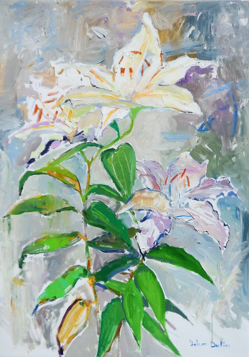 Impressionistic Botanical Oil Painting By Yehor Dulin, 20 X 28", " Lily", Original Artwork