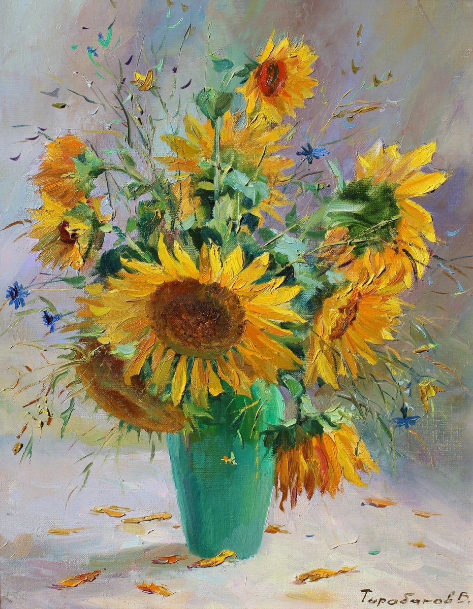 Impressionistic Still Life Oil Painting By Volodymyr Tarabanov, 16 X 20", Sunflowers In A Green Vase, Original Artwork