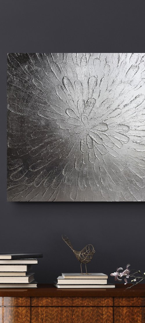 Silver Textured Flower Original Square Painting 24x24in 60x60cm Silver Leaf Artwork Abstract Flower by Yulia Pristupa