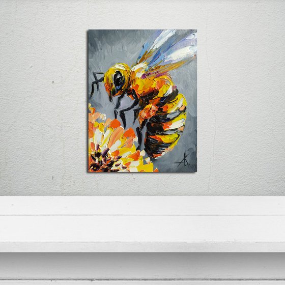 Sweet nectar - bee, oil painting, flowers, gift idea, insect, bee oil painting