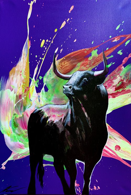 bull on a purple background by Anzhelika Klimina