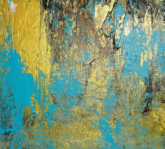 Modern Abstract Heavy Textured Landscape Painting. 61 x 76cm. Contemporary Art. Blue and Gold, Brown, White