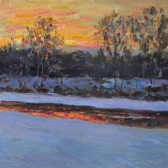 The Frosty Evening At The Krasivaya Mecha - original winter oil painting