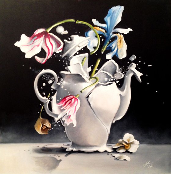 5 o'clock tea and flowers- original painting- 40 x 40 cm (16' x 16')