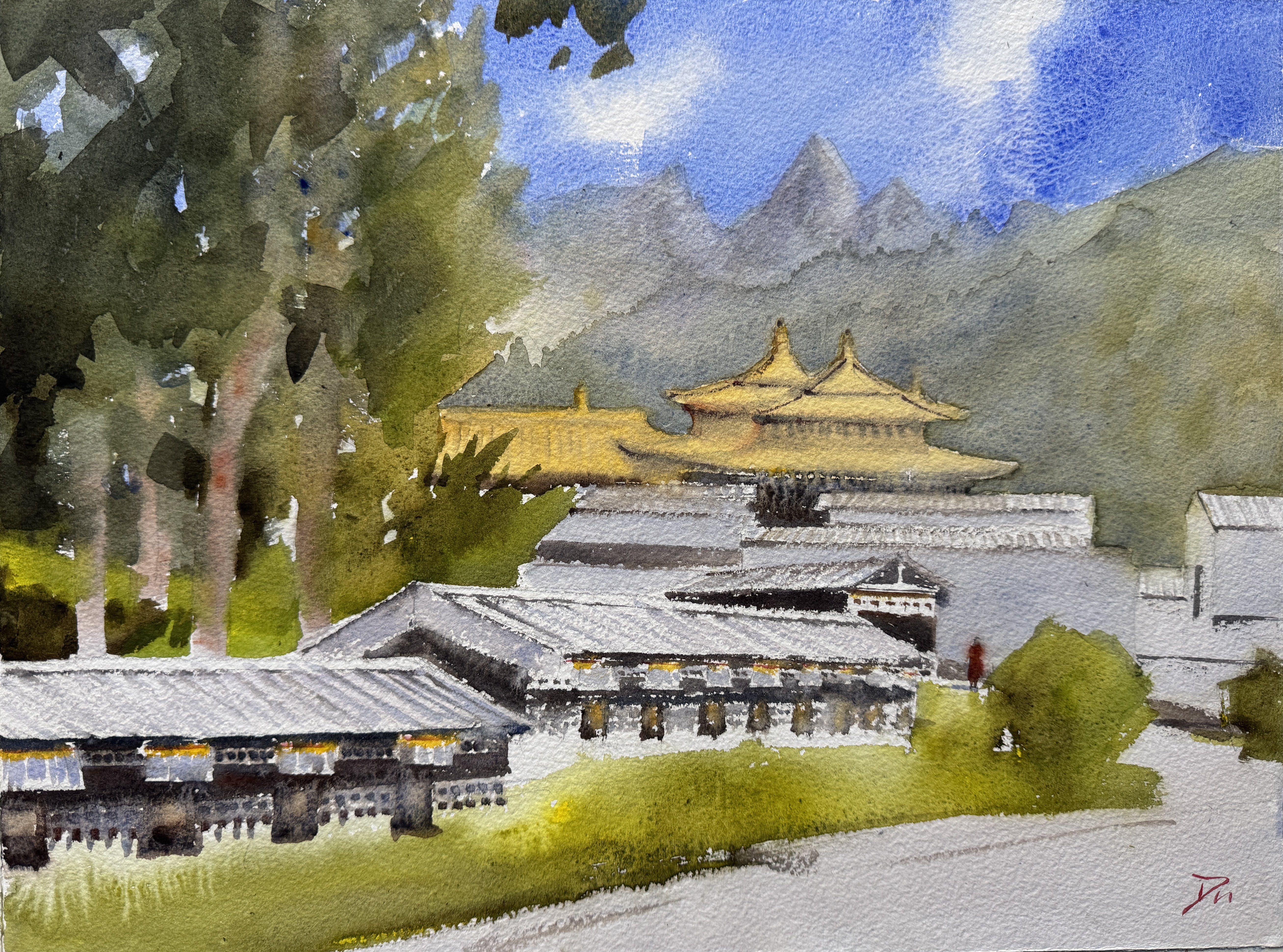 Impressionistic Landscape Watercolour By Shelly Du, 16 X 12", Langmusi, Original Artwork