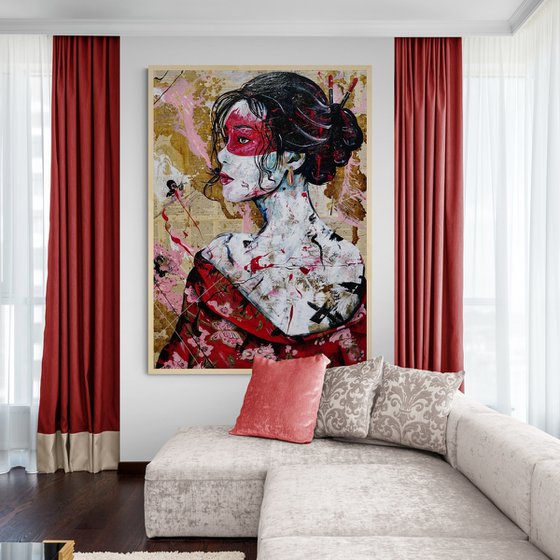 Cherry Yua 140cm x 100cm Geisha Textured Abstract Realism Art