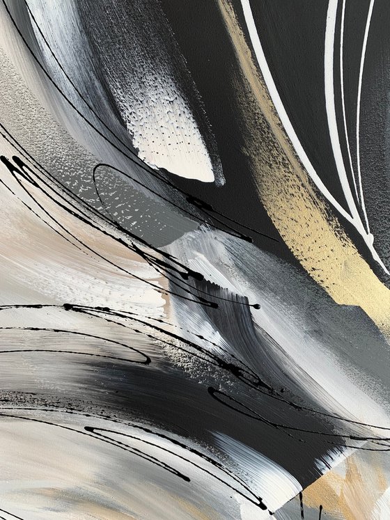 Wild and Free - XL LARGE;  GOLD, BLACK & WHITE ART; MODERN ABSTRACT ART – EXPRESSIONS OF ENERGY AND LIGHT. READY TO HANG!