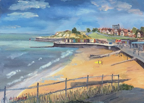 Surfing at Westgate on Sea, an original oil painting.