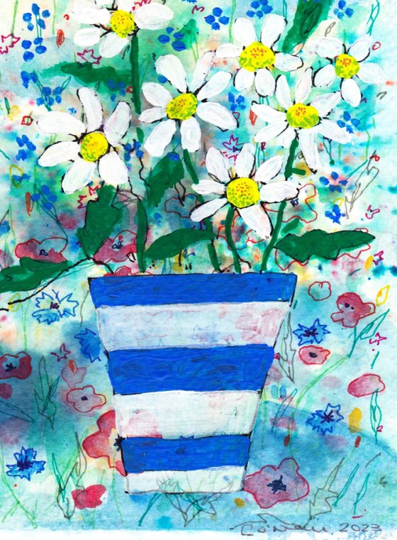 Daisies in a Blue and White Vase