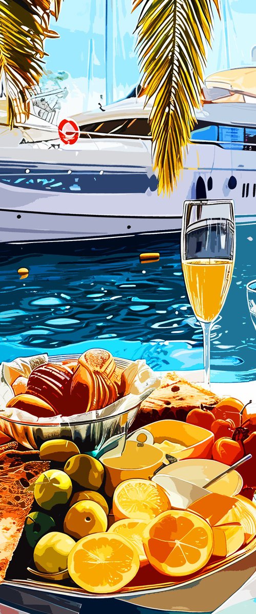 Breakfast with fruit juice and cocktail. Chic rich luxury vacation holiday on a yacht ship in the sea ocean. Positive relax sunny bright colorful wall art for marine home decor. Art Gift by BAST