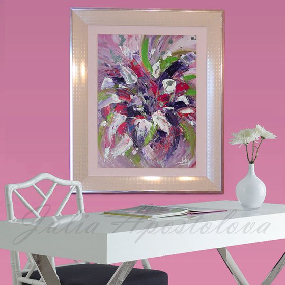 Framed Painting on Canvas, Acrylic, Rich Texture, Pallet Knife, Floral Abstract Romantic Painting, Splash of Color, Purple and Pink, Ready to Hang with Modern White Siver Frame, Pastel colors, Purple Home Decor, Wedding Gift, Afordable Art