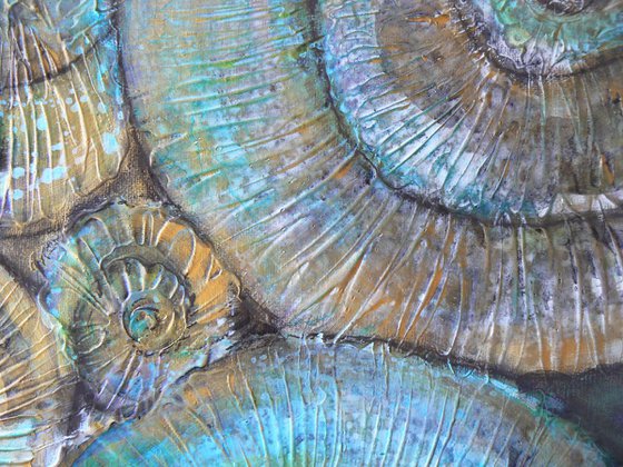 Turquoise Ammonites #2 (textured fossil artwork, ready to hang)