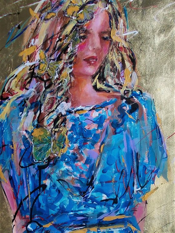 Butterflies In Her Hair -Woman Acrylic Mixed Media  Painting on Paper