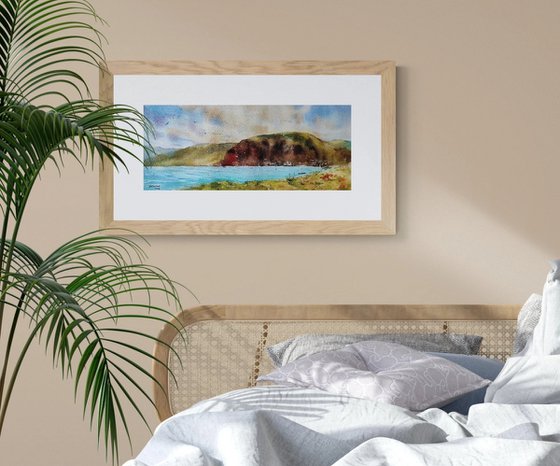 Sunrise inTroia penisula, Portugal, Original watercolor painting (2022), Panorama wall art