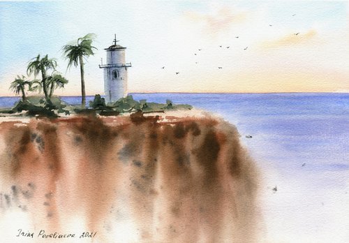Califirnia lighthouse sunset original  watercolor painting with sea  , decor for living room, gift for sea lovers by Irina Povaliaeva