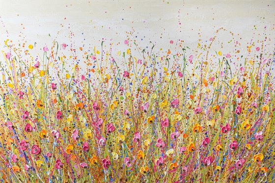 Bright Yellow Meadow - Wildflower Field Textured Painting