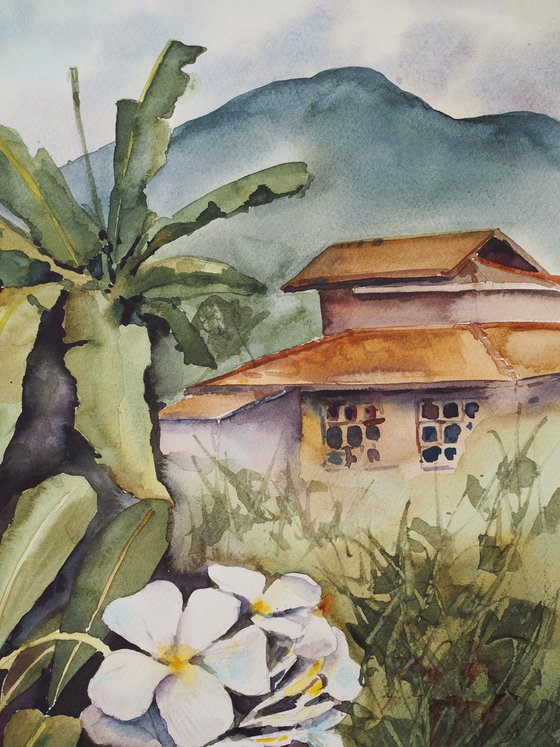 Thai house in the jungle - tropical original green watercolor