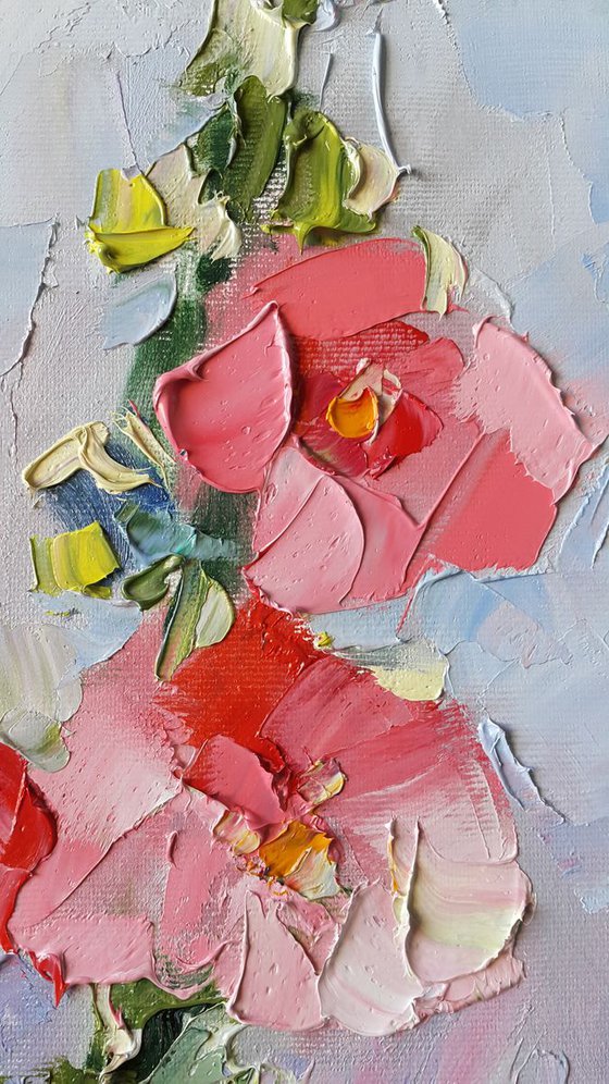 Pink flowers mallows - plants painting, flower, flora - original oil impasto artwork