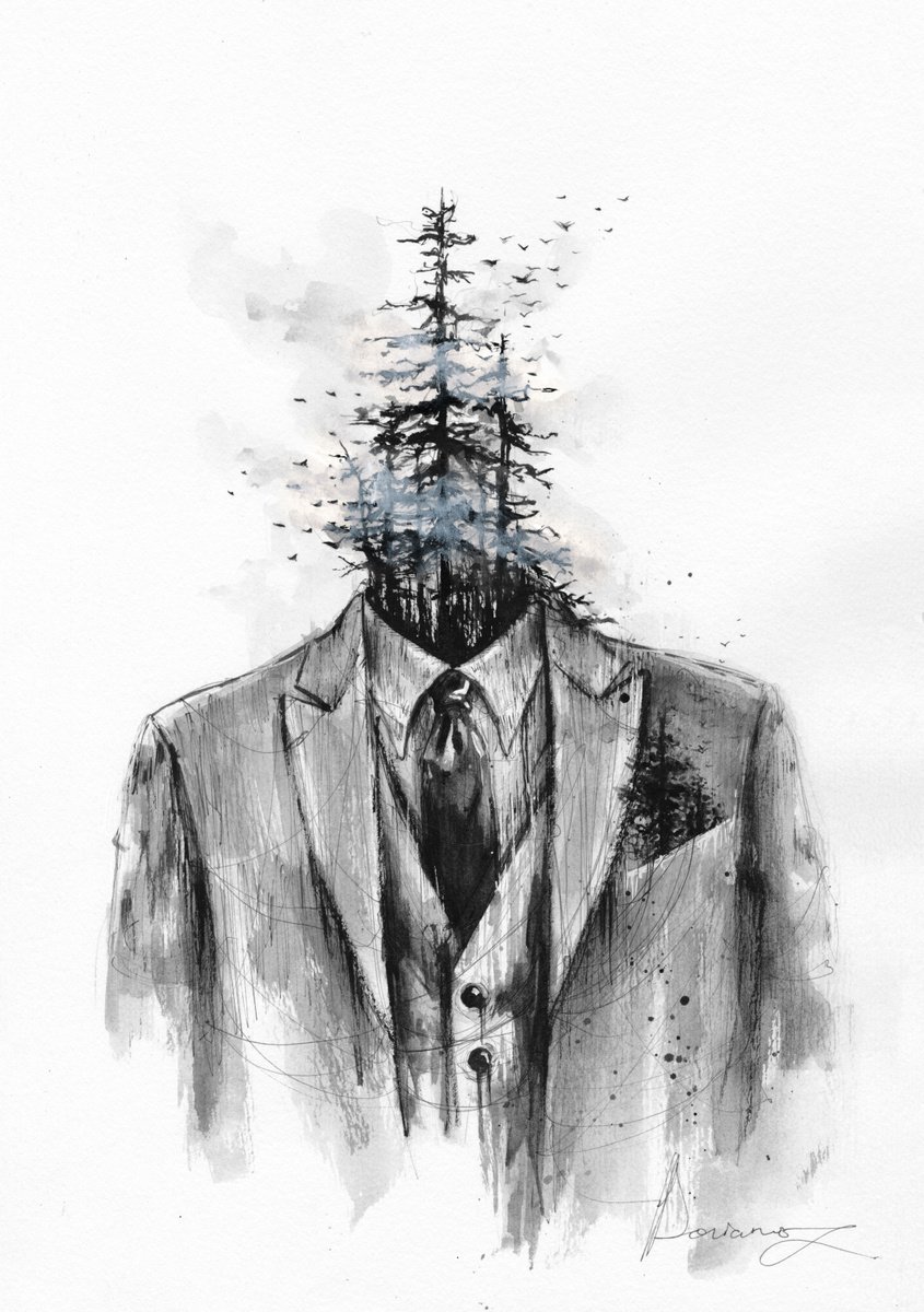 Expressive Abstract Ink Drawing By Doriana Popa, 8 X 12, Suit, Original Artwork