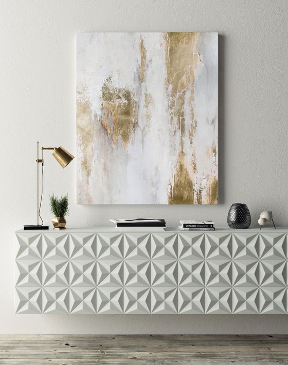 "Cascade 7" Gold white abstract painting art