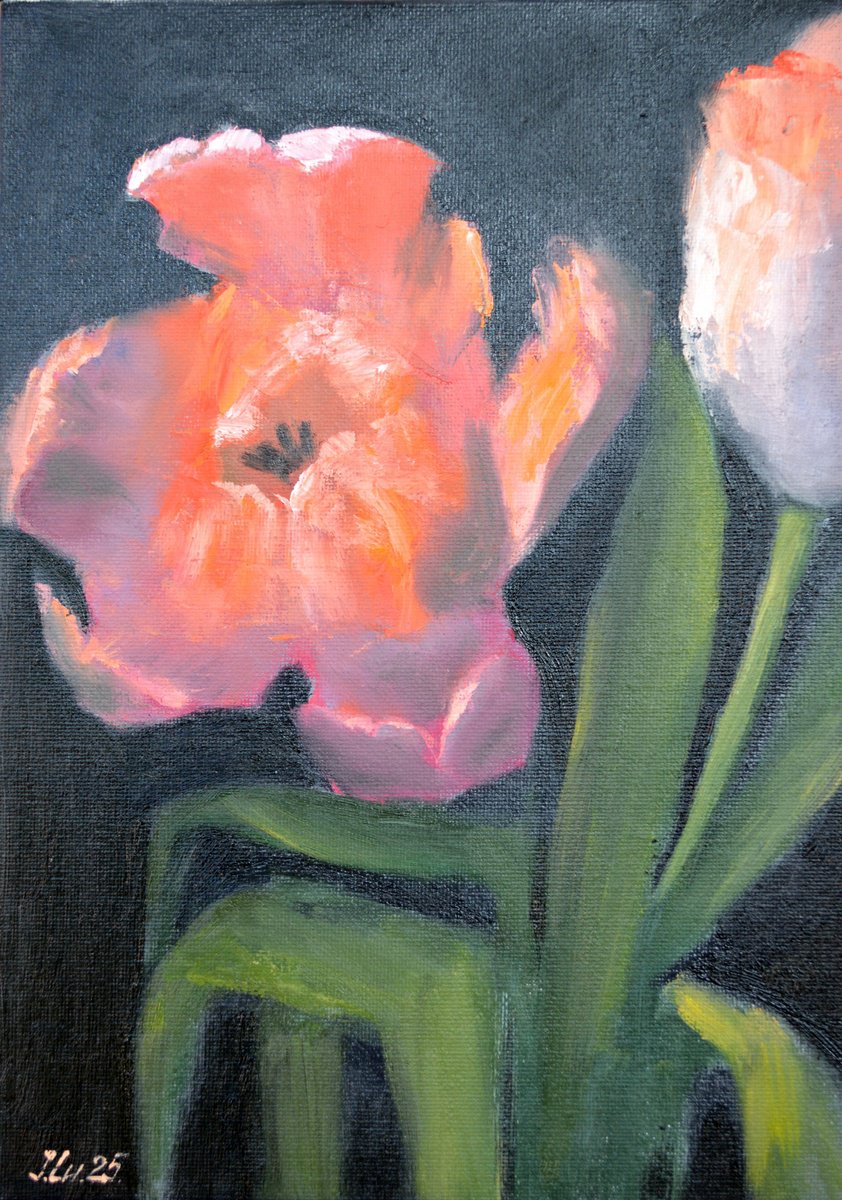 Expressive Botanical Oil Painting By Elena Lukina, 8 X 12, Coral Tulips 3, Original Artwork