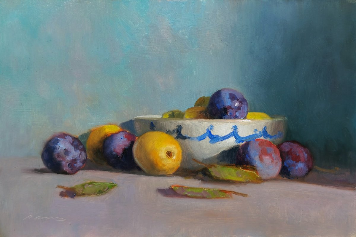 Impressionistic Still Life Oil Painting By Pascal Giroud, 12 X 8", Plums, Original Artwork