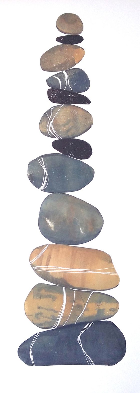 Zen stones - Twelve stones #8  ( banded balancing stones lino/monoprint)