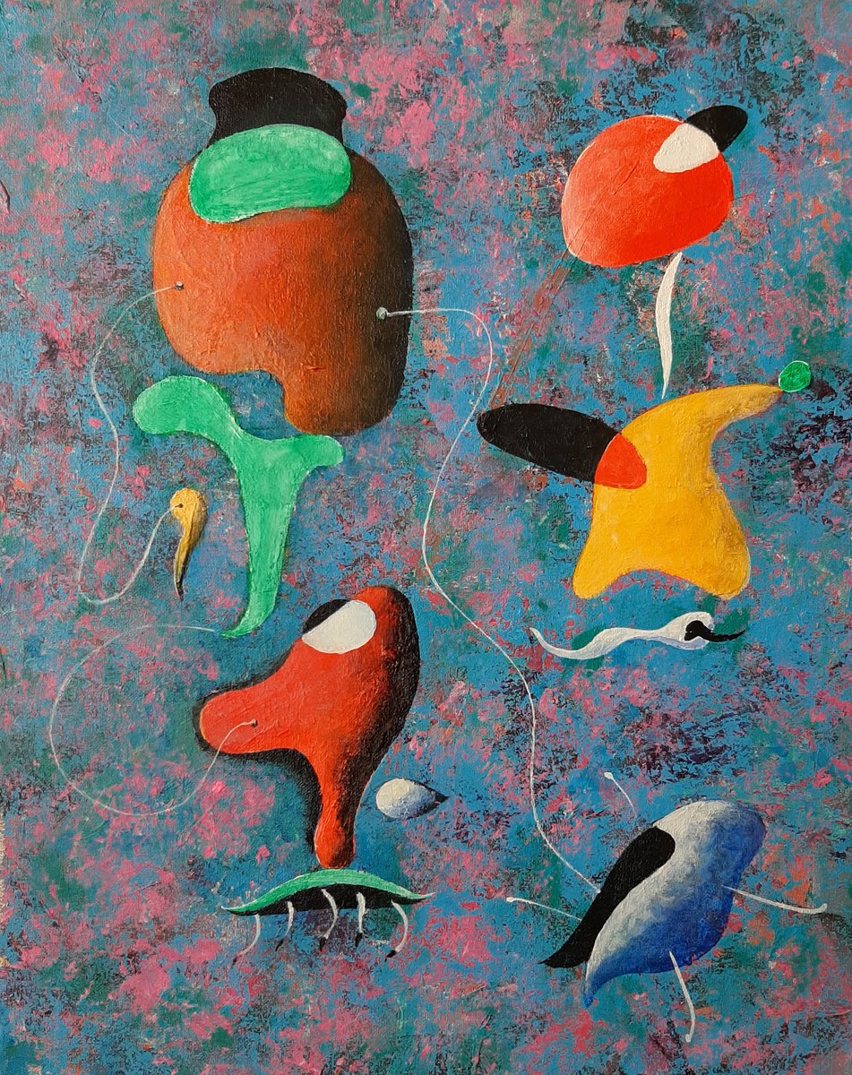 Surrealistic Abstract Acrylic Painting By Vadim Vaskovsky, 16 X 20", Pets And Their Owners, Original Artwork