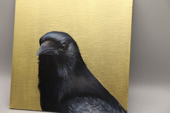 Raven II, Portrait of a Black Bird, Oil Painting, Bird Artwork, Gold Animal Art Original, Not Print